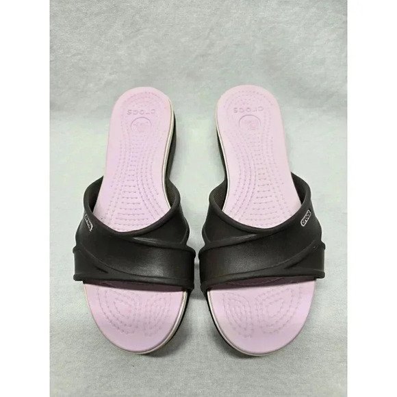 CROCS Cyprus Womens Sz 8 Low Wedge Sandals Brown Pink Criss-Cross Strap Slip On - Picture 3 of 11